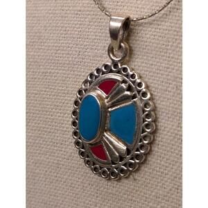 Vintage Sterling Silver Pendant – Turquoise Blue & Coral Red Inlay
